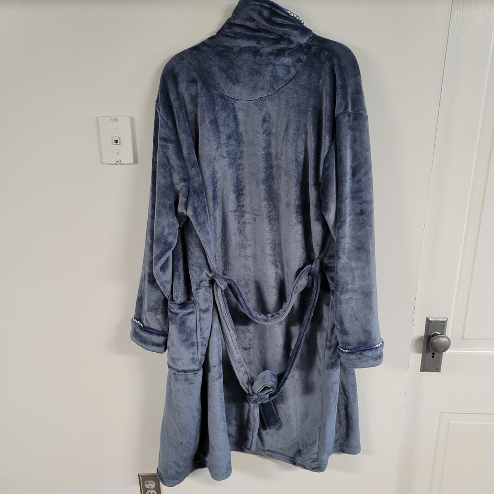Tommy Bahama Mens Plush Fleece Robe Blue Plaid Trim Marlin Logo L/XL NWOT - Picture 2 of 8